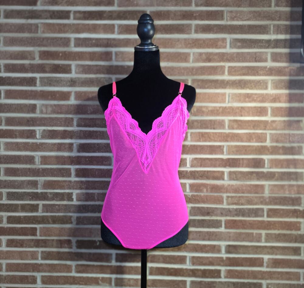 Auden Hot Pink Lace Trim Mesh Dotted Bodysuit Lingerie Size Large V-Neck